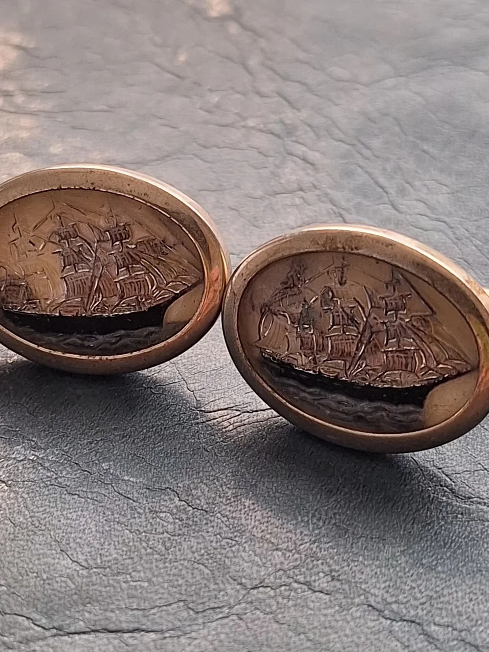 Vintage Ship Engraved Oval Cufflinks - Gold Tone Estate Sale Cuff Links